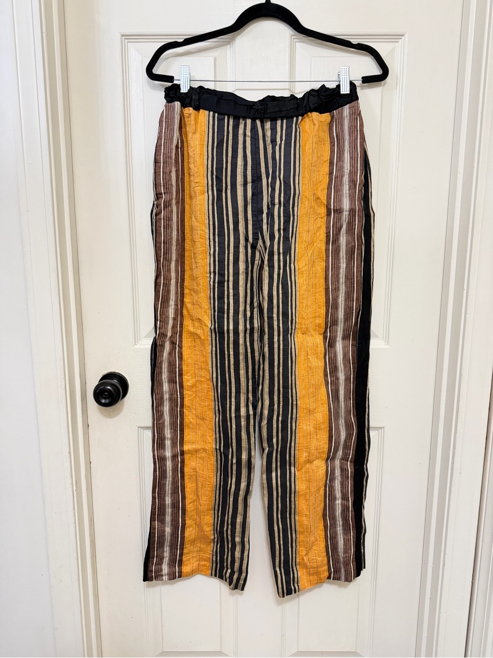 Elvi Vertical Stripe Wide-Leg Pants in Mustard, Black & Brown